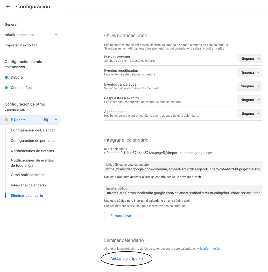 Borrar el calendario de Google Calendar