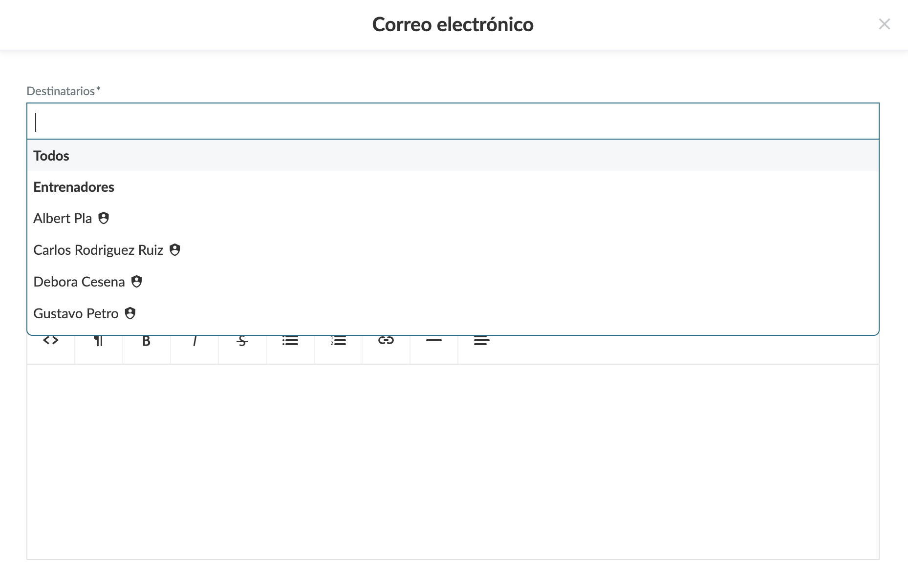 Selecciona los destinatarios para el correo electrónico